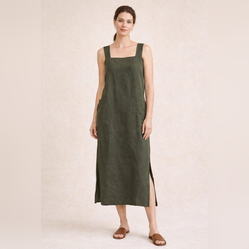 NY&CO Army Green Linen Straight Midi Dress Square Neck Minimalist Summer Size 14